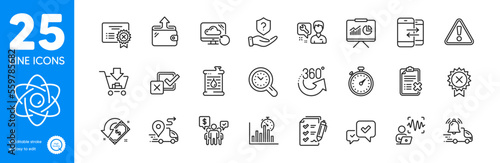 Outline icons set. Timer, Wallet and Teamwork icons. Time management, Repairman, Shopping web elements. Delivery notification, Warning, Voice wave signs. Report timer, Survey checklist. Vector