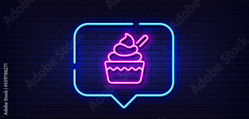 Neon light speech bubble. Ice cream cup line icon. Vanilla sundae sign. Frozen summer dessert symbol. Neon light background. Ice cream glow line. Brick wall banner. Vector