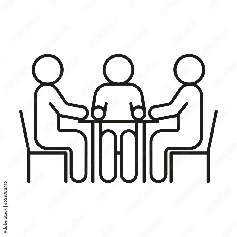 Group people seat at table, conversation, discussion, meeting icon line. Man communication on work in team, equality partnership. Vector illustration Group people seat at table, conversation, discussion, meeting icon line. Man communication on work in team, equality partnership. Vector illustration