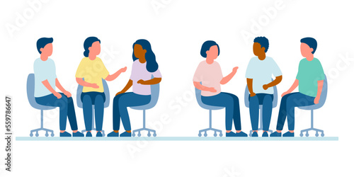 Meet of group of people for talk, competition and brainstorm. People communication, discussion, business relationship. Discuss question, exchange opinions of team worker. Support group. Vector