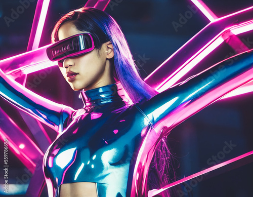 Splendid futuristic woman in cyberpunk world with VR headset portrait with glowing ultraviolet neon light ray. Digital art generative AI cybergirl in bodysuit with futuristic glowing VR headset. photo