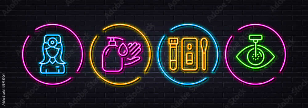 Oculist doctor, Wash hands and Covid test minimal line icons. Neon laser 3d lights. Eye laser icons. For web, application, printing. Optometrist, Liquid soap, Nasal testing. Optometry clinic. Vector