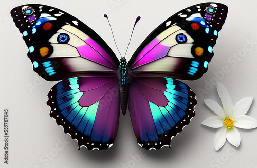 butterly with snowdrop and daffaodil flowers in wing, garnet and aquamarine colors. Generative AI