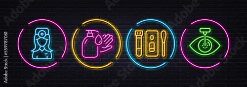 Oculist doctor, Wash hands and Covid test minimal line icons. Neon laser 3d lights. Eye laser icons. For web, application, printing. Optometrist, Liquid soap, Nasal testing. Optometry clinic. Vector