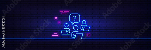 Neon light glow effect. Teamwork question line icon. Ask help sign. Outsource support symbol. 3d line neon glow icon. Brick wall banner. Teamwork question outline. Vector