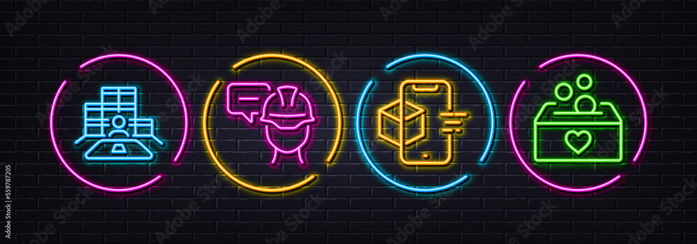 Foreman, Augmented reality and Inventory minimal line icons. Neon laser 3d lights. Donation icons. For web, application, printing. Engineer person, Phone simulation, Goods operator. Money box. Vector