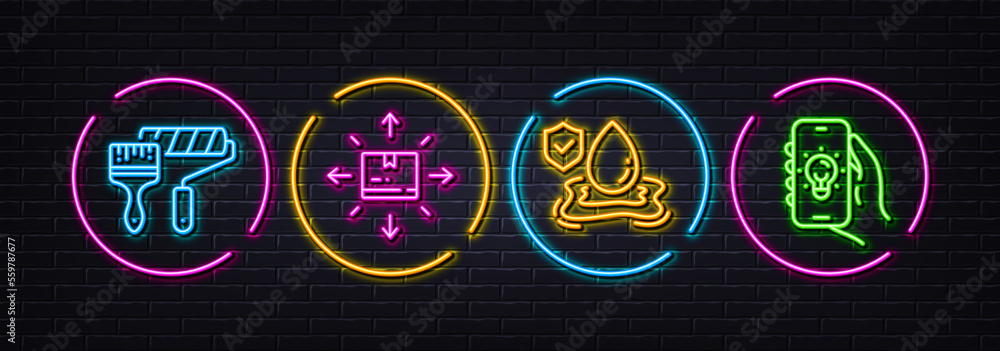 Cardboard box, Paint roller and Flood insurance minimal line icons. Neon laser 3d lights. Electric app icons. For web, application, printing. Warehouse inventory, Painter brush, Full coverage. Vector