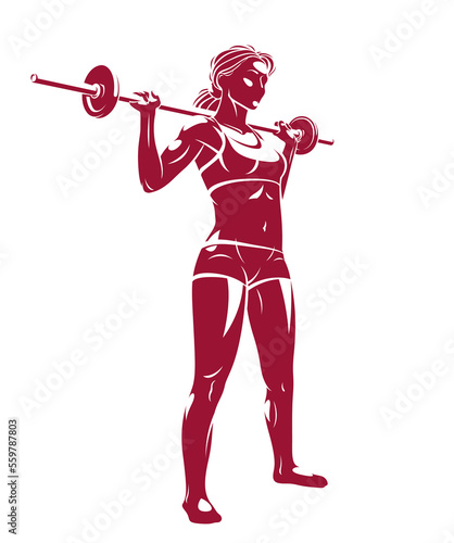 Young attractive woman with perfect muscular body training with a barbell vector illustration isolated, sport exercises active lifestyle.