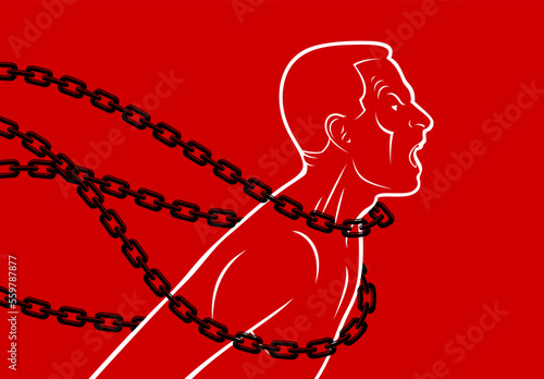 Shouting and screaming man trying to break the chain struggling for freedom, fight and liberate concept, liberty and human rights vector conceptual illustration.