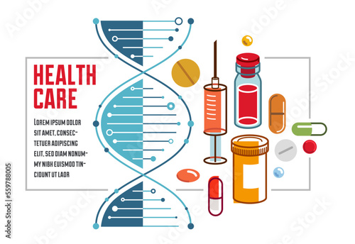 DNA strand based medical theme composition with lots of different drugs and meds vector illustration isolated, drugstore or medical biotechnology scientific research.