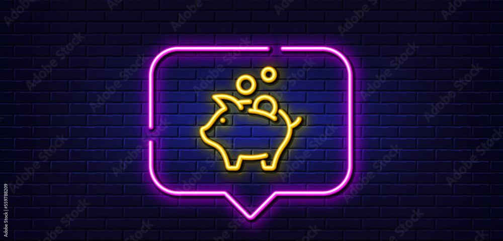 Neon light speech bubble. Piggy bank line icon. Coins money sign. Business savings symbol. Neon light background. Piggy bank glow line. Brick wall banner. Vector Neon light speech bubble. Piggy bank line icon. Coins money sign. Business savings symbol. Neon light background. Piggy bank glow line. Brick wall banner. Vector