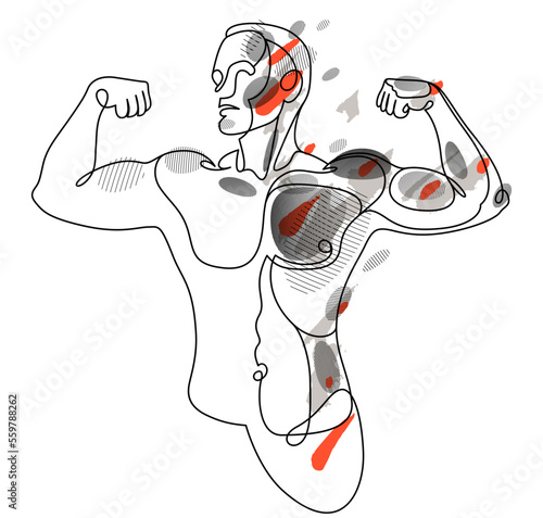 Linear drawing of a perfect body fit model man posing vector illustration isolated, muscular macho sexy guy with naked torso topless.