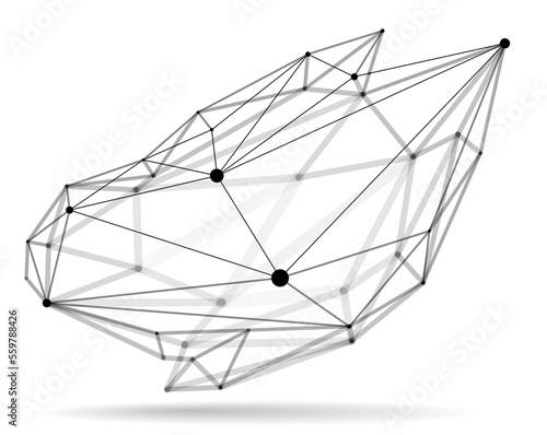 Dimensional lattice mesh vector abstraction, 3D polygonal design abstract shape isolated over white, science digital dynamic connections with lines and dots with perspective.