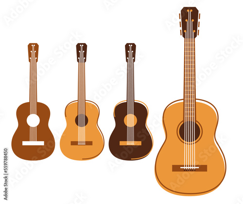 Acoustic guitar vector flat illustrations set isolated over white, instruments shop.