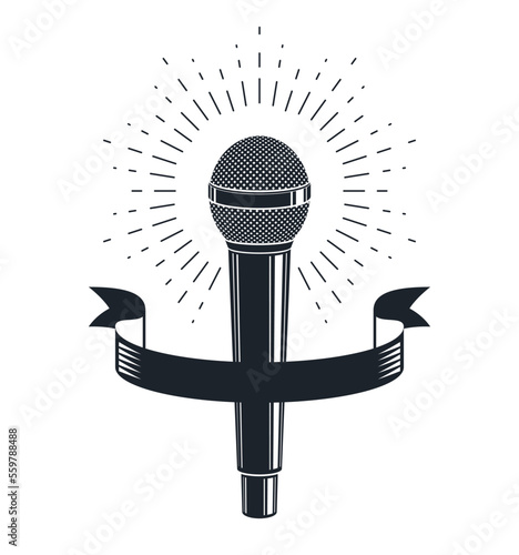 Microphone vector logo or emblem isolated on white, MC rapper or rap battle concept, stand up comic or radio, blogger.