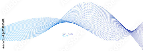 Blue airy particles flow vector design, abstract background with wave of flowing dots array, digital futuristic illustration, nano technology theme.