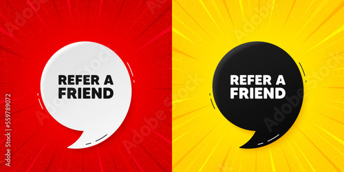 Refer a friend tag. Flash offer banner with quote. Referral program sign. Advertising reference symbol. Starburst beam banner. Refer friend speech bubble. Vector