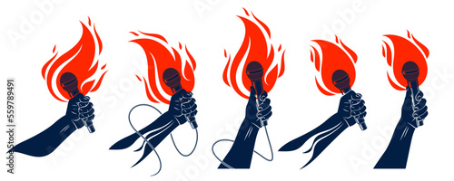 Rap music vector logos or emblems set with microphone in hand flames, hot Hip Hop rhymes festival concert or night club party labels, t-shirt prints.