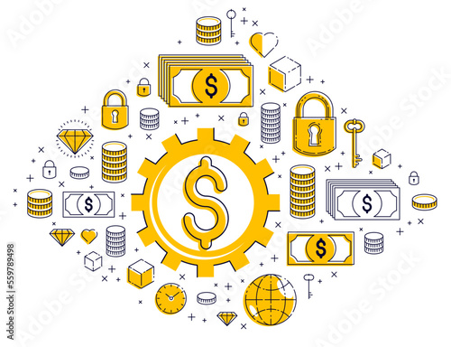 Economy system and business concept, gear mechanism with dollar signs and icon set, allegory design of systematic business and financial activity, vector illustration.