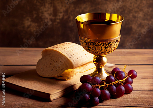 Photo Holy communion on wooden table on church