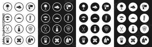 Set Hair dryer, Mustache, and beard, Hand mirror, Hairbrush, Shaving gel foam on hand, shield and Scissors hairdresser icon. Vector