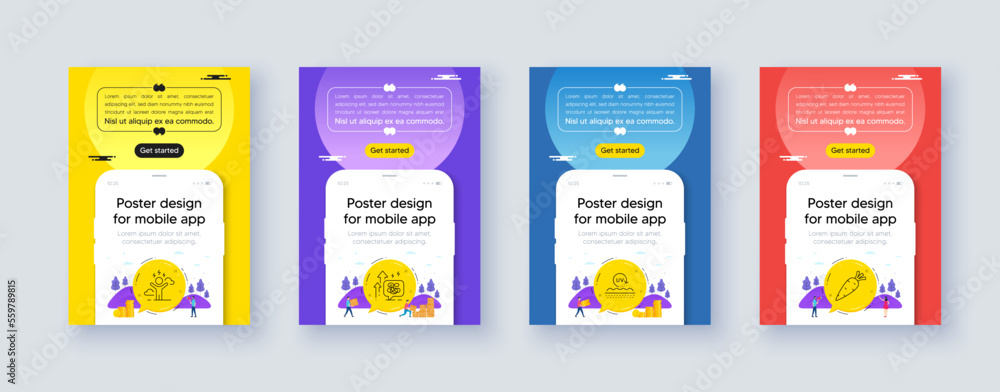 Simple set of Uv protection, Stress grows and Difficult stress line icons. Poster offer design with phone interface mockup. Include Carrot icons. For web, application. Vector