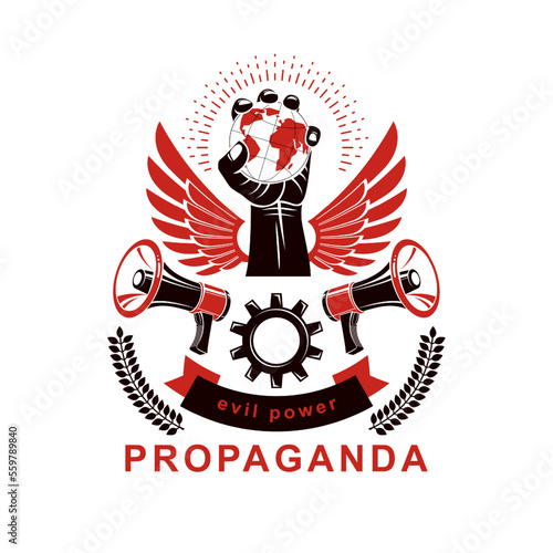 Vector marketing poster composed with loudspeakers and raised arm holding Earth globe surrounded by engineering gear. Social revolution concept, no restrictions. Propaganda as political agitation.