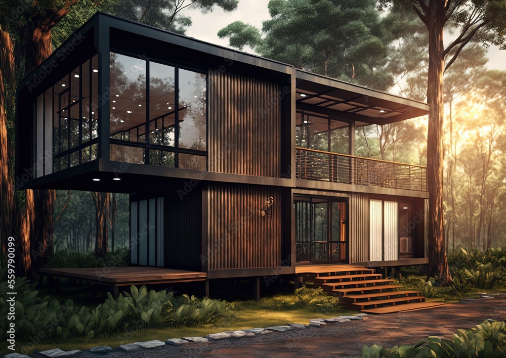 illustration concept of sustainability and recycle , container box remake as restaurant, office or house, modern and Contemporary design with nature landscape background, tropical forest
