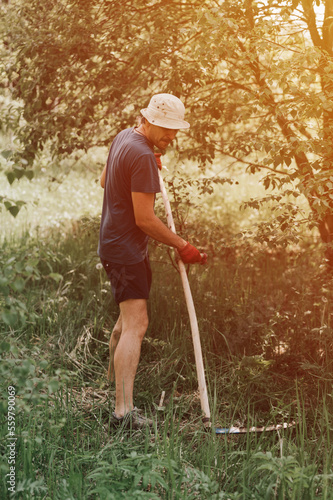 mowing the grass traditional old-fashioned way with the hand scythe on the household village farm. young mature farmer man mowing the grown weed green grass of a farmland with a scythe. flare