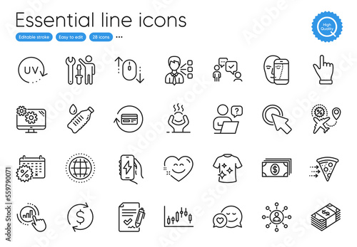 Online question, Approved agreement and Networking line icons. Collection of Graph chart, Calendar discounts, Charging app icons. Dating, Water bottle, Usd currency web elements. Banking. Vector