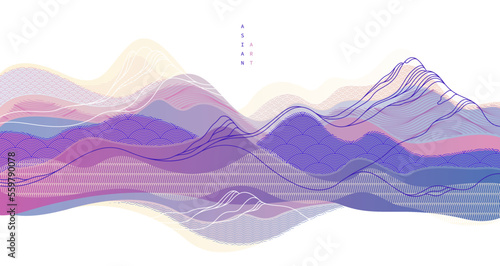 Oriental Japanese style vector abstract illustration, background in Asian traditional style, wavy shapes and mountains terrain, runny like sea lines.