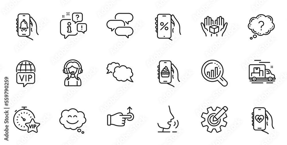 Outline set of Bell alert, Discounts app and Health app line icons for web application. Talk, information, delivery truck outline icon. Include Hold box, Question mark, Vip internet icons. Vector Outline set of Bell alert, Discounts app and Health app line icons for web application. Talk, information, delivery truck outline icon. Include Hold box, Question mark, Vip internet icons. Vector