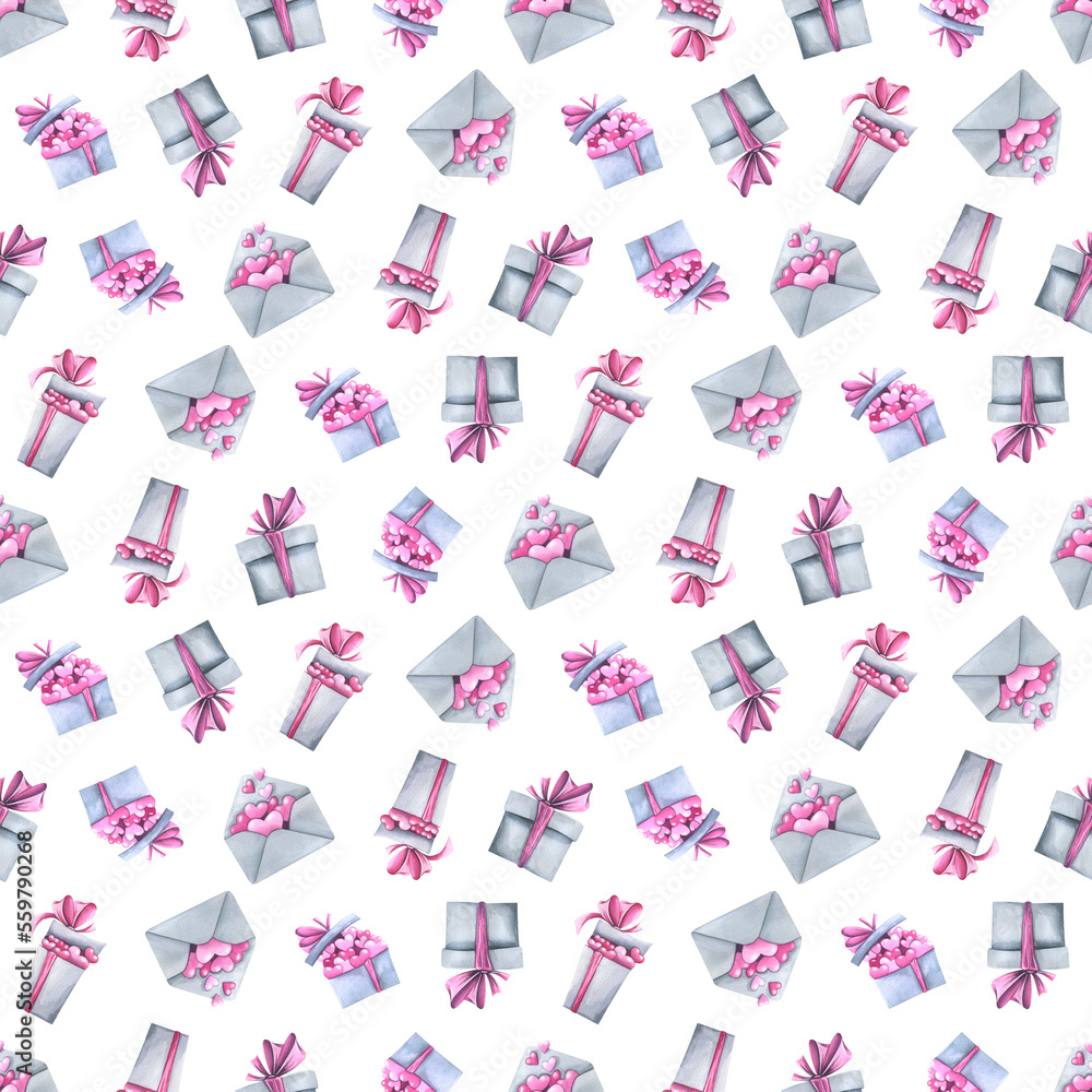Gray gift boxes and an envelope with pink hearts and bows. Watercolor illustration. Seamless pattern on a white background from the VALENTINE's DAY collection. For decoration and design. Gray gift boxes and an envelope with pink hearts and bows. Watercolor illustration. Seamless pattern on a white background from the VALENTINE's DAY collection. For decoration and design.