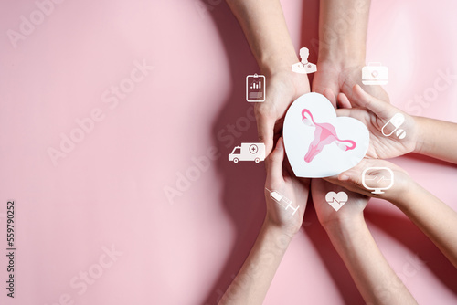 Hands holding uterus in heart shape, female reproductive system, women's health, PCOS, ovary gynecologic and cervical cancer, Health insurance, Healthy feminine concept photo