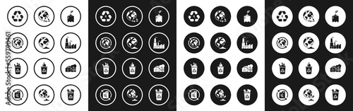 Set Sprout in bottle, Earth globe and plant, Planet earth recycling, Recycle symbol leaf, Factory, Eco friendly house and bin with recycle icon. Vector