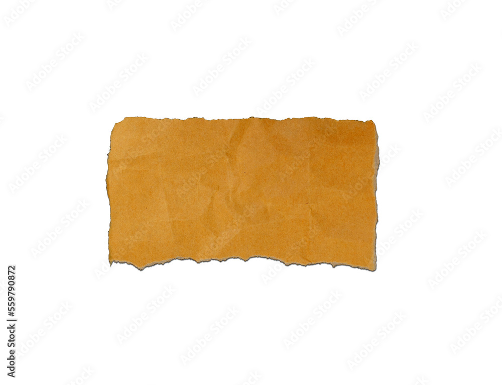 Torn, crumpled, brown paper on white background.