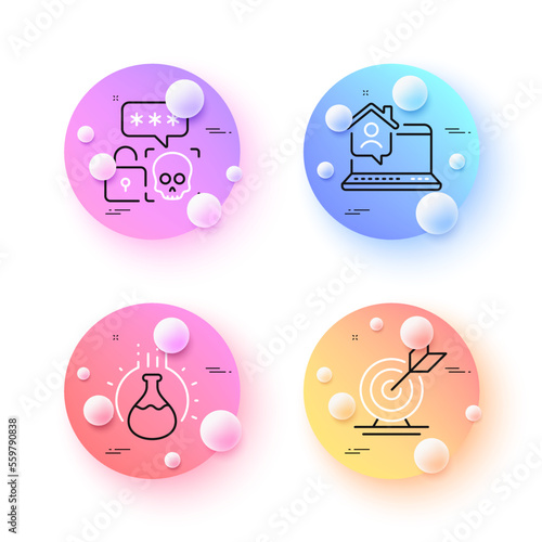Work home, Chemistry experiment and Target goal minimal line icons. 3d spheres or balls buttons. Cyber attack icons. For web, application, printing. Vector