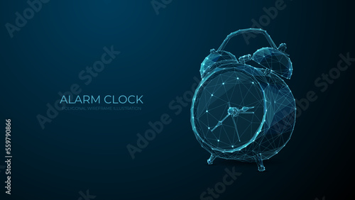 Table alarm clock. Digital polygon illustration of retro clock. Technology time management concept. Isolated vector illustration on dark background.