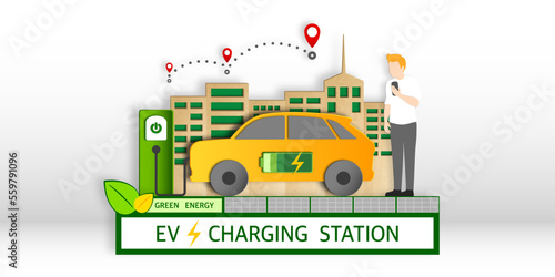Electric car connect to smartphone for finding location nearby charging station, Renewable energy, Environmentally sustainability, Green cities and Transportation technologies for Pollution Reduction. © Apisit