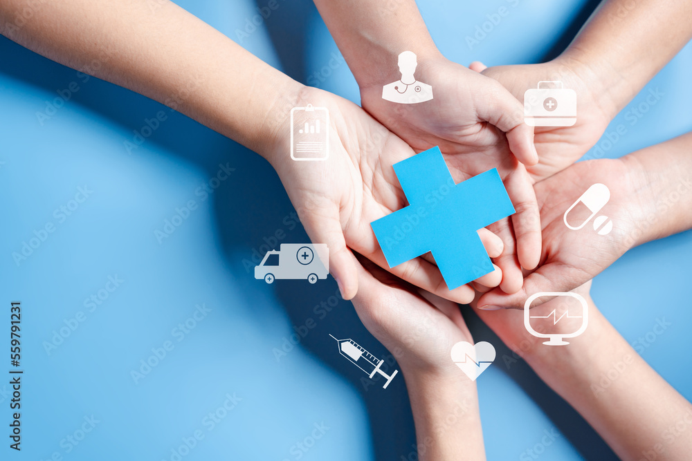 Health insurance concept. people hands holding plus and healthcare medical icon, health and access to welfare health concept. - obrazy, fototapety, plakaty 