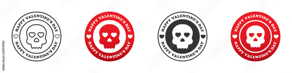 Fototapeta premium Round badge with skull and heart shape inside and text: Happy Valentine's Day. Vector illustration.
