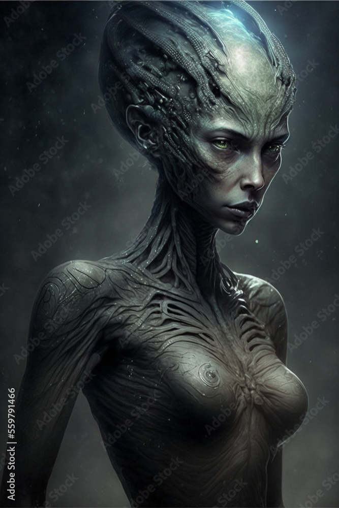 Alien woman, a portrait of a female alien creature. Fantastic body of an alien. Generative AI illustration
