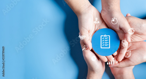 Business hands holding account management icon, dartboard and arrow for creative and set up business objective target goal, marketing solution, target for business investment.