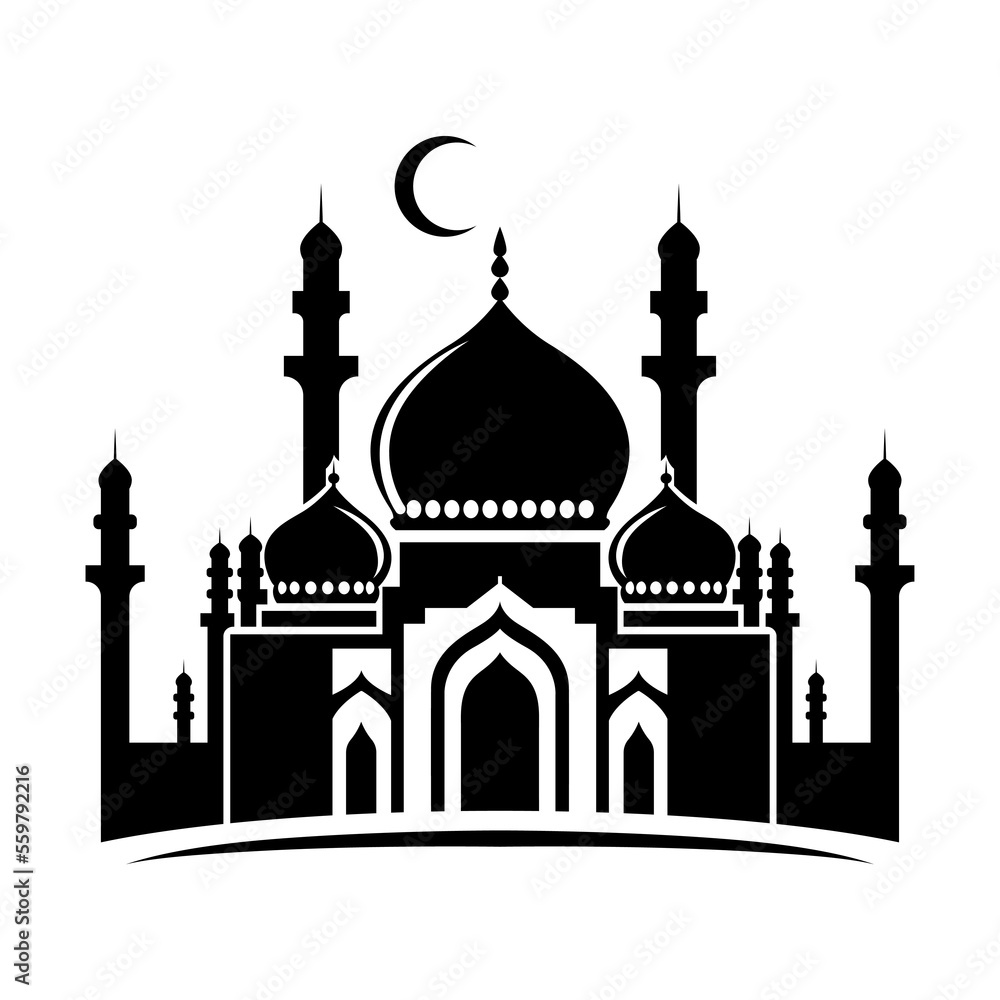 Flat style Muslim mosque silhouette logo template.Vector illustration icon.Eid Mubarak greetings.Ramadan Kareem.