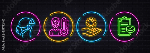 Sun protection, Medical mask and Thermometer minimal line icons. Neon laser 3d lights. Medical prescription icons. For web, application, printing. Vector