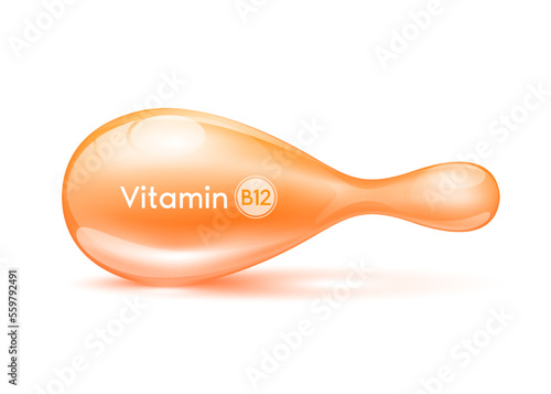 Cosmetic capsule Vitamin B12 or Collagen antibiotic gel pill template for repair Skin care anti age and Hair. Serum capsule orange 3D realistic isolated on white background. Vector EPS10.