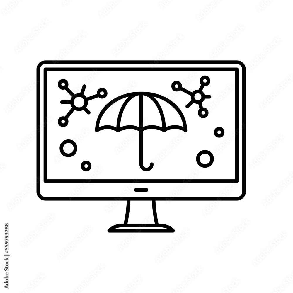 Desktop computer security icon from virus and malware attack or insurance with umbrella Desktop computer security icon from virus and malware attack or insurance with umbrella