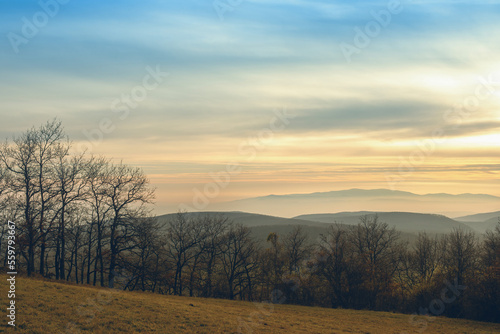 Late autumn landscape.Sunset over hills and silhouettes of trees. © Munka
