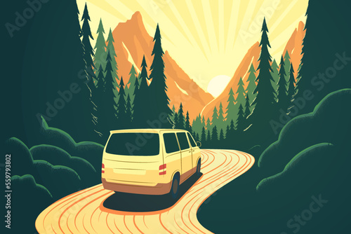 The minivan is driving along a winding forest road. Mountain landscape. Sunset. Vector flat illustration. Van life. Travel by car.
