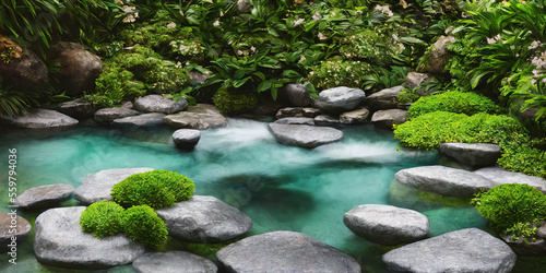 Find peace and tranquility in this image of a wellness spa featuring a natural pool  surrounded by a lush green wall and various green plants. Perfect for promoting relaxation and nature-inspired well